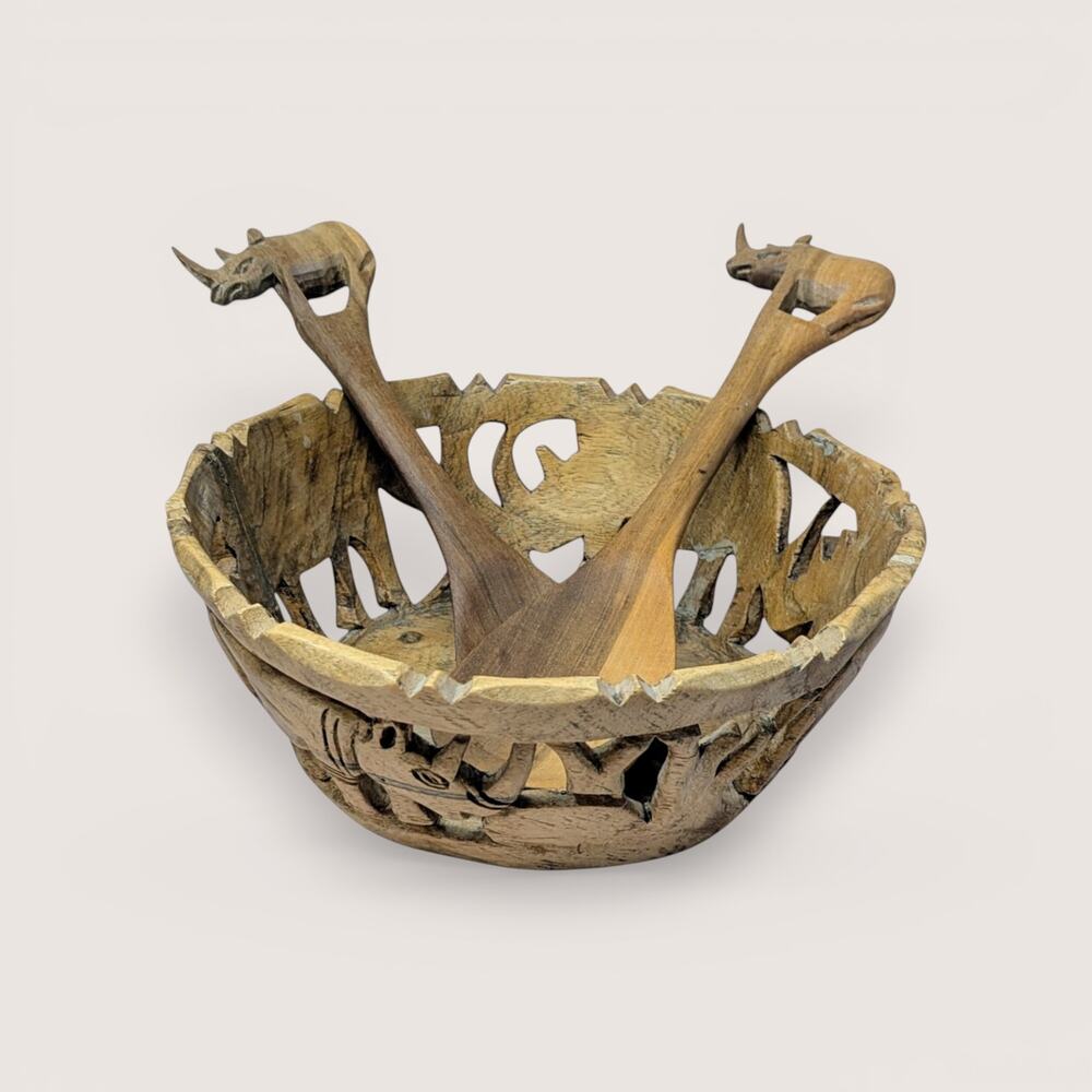 1970s Hand Carved Wooden Safari Salad Bowl and Rhino Utensils Set